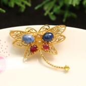 特价 S925银镀金搭配红蓝宝石镶嵌天然黄翡蜻蜓胸针吊坠二用 D677