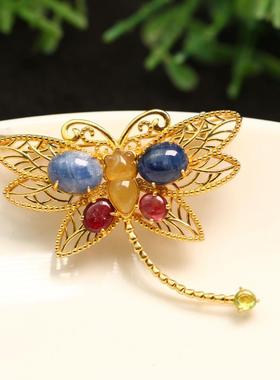 特价#D677 S925银镀金搭配红蓝宝石镶嵌天然黄翡蜻蜓胸针吊坠二用
