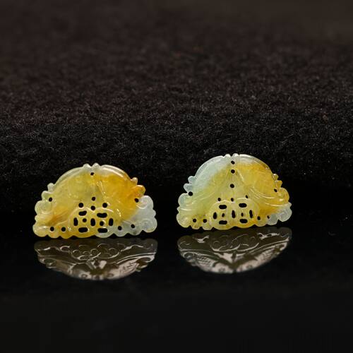 黄翡双鱼古钱币纹耳坠吊坠花片