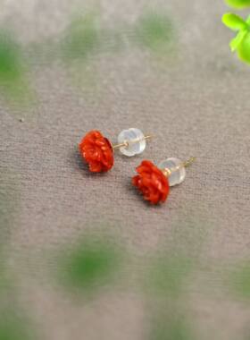 #K470 18K金镶嵌深海红天然有机红宝雕花牡丹花耳钉耳饰