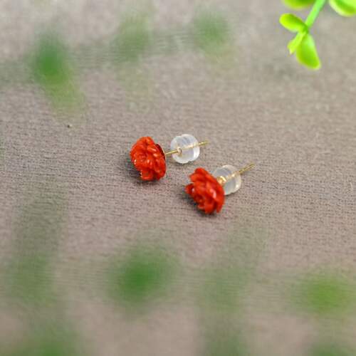 天然有机红宝雕花牡丹花耳钉