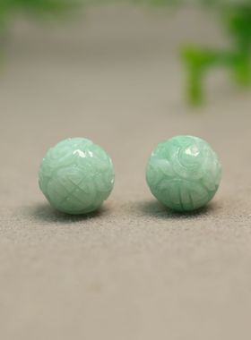 #K415一对果绿色缅甸天然A货翡翠雕花珠子  13.5MM团寿龙纹圆珠