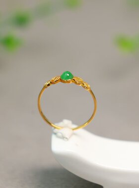 #L030 18K金镶嵌冰种满绿天然A货翡翠蛋面戒指 古钱币纹女戒