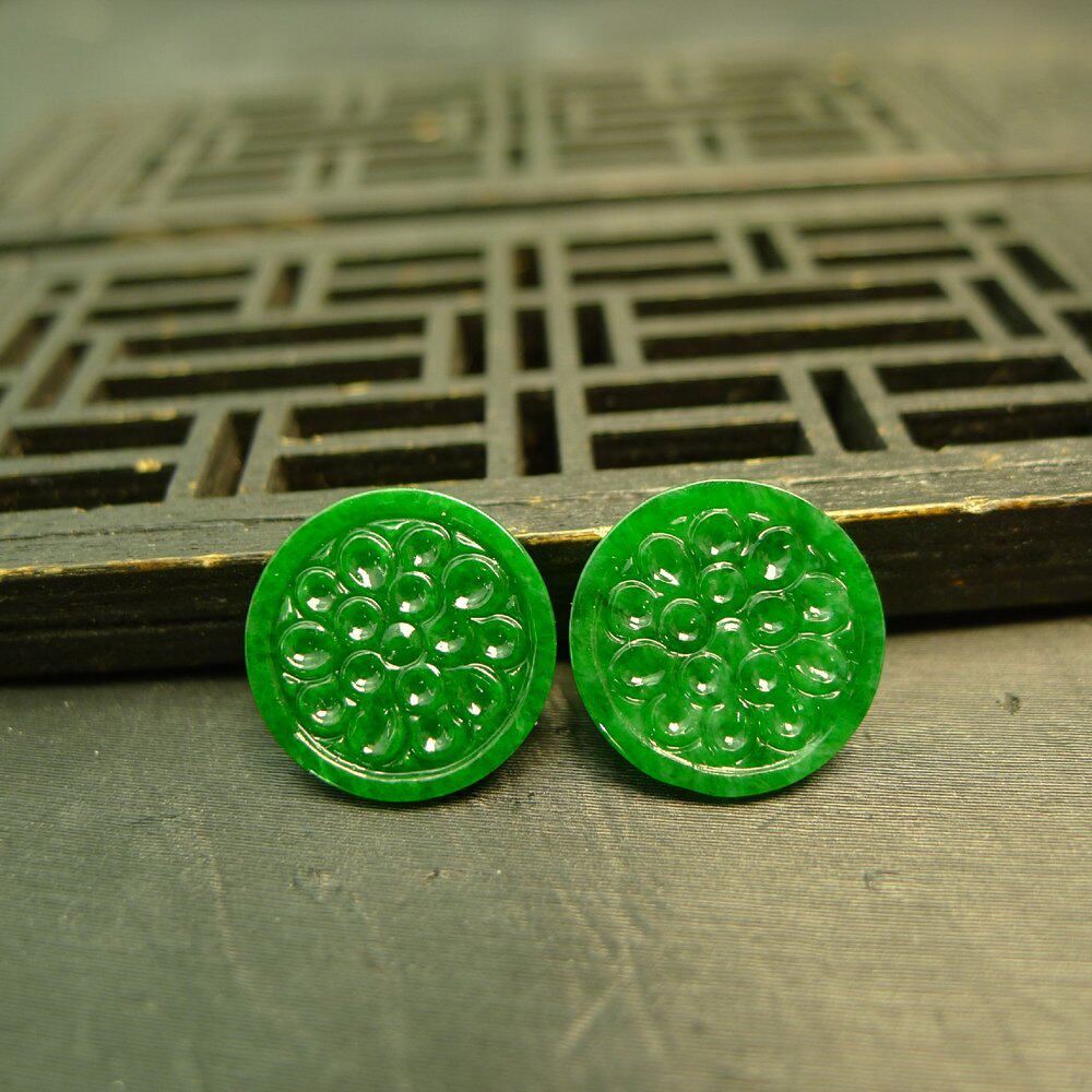 #J163一对老坑满色辣绿缅甸天然A货翡翠圆形雕花戒面镶嵌吊坠