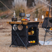 户外可折叠储物柜多功能实木桌面柜野外露营便携式 大容量两用桌柜