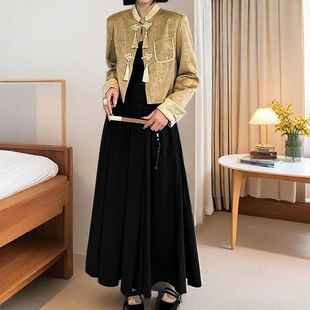 胖mm大码女装新中式国风盘口外套女春季新款吊带连衣裙套装200斤