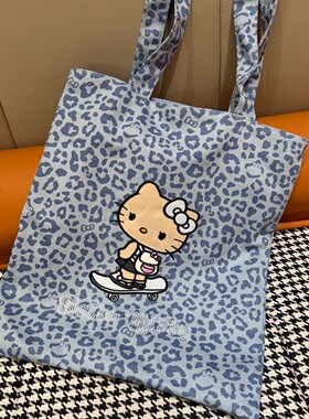 黑皮Hello Kitty全棉烫钻托特女士帆布大容量单肩包购物袋斜挎包