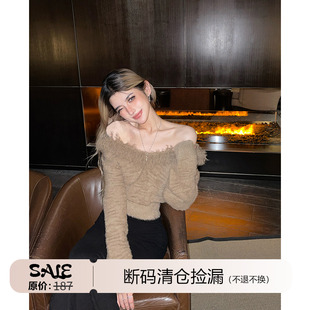 PrettyDragon 毛衣女 毛领复古多穿连帽针织衫 露肩设计感显瘦短款