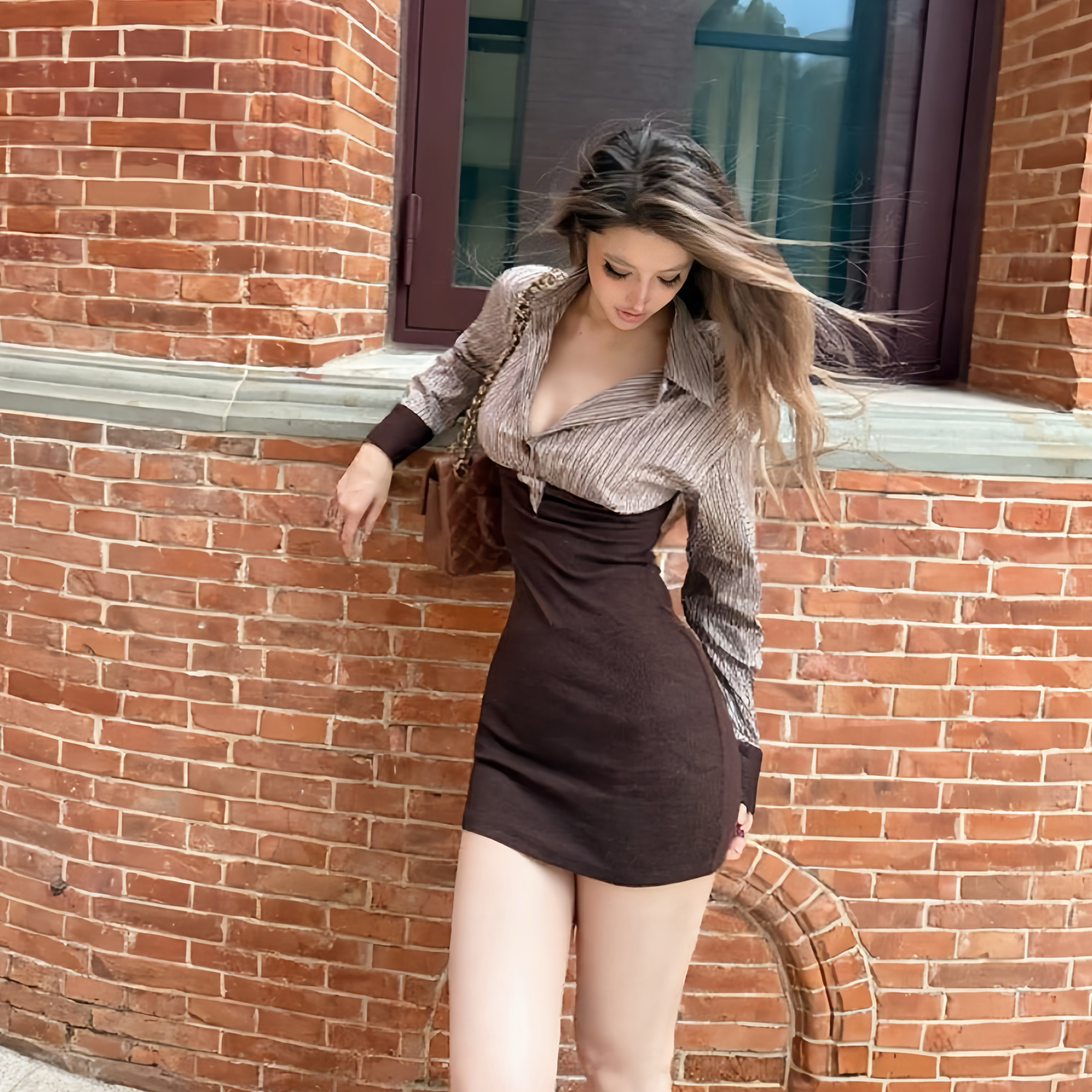 拼接针织显瘦假两件衬衫连衣裙