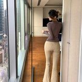 PrettyDragon老钱风修腿型显瘦自带胯高弹修身 垫拖地牛仔喇叭裤 女