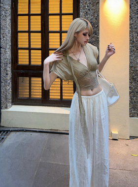 PrettyDragon老钱风透气亚麻休闲裤条纹阔腿裤拖地白色长裤女直筒