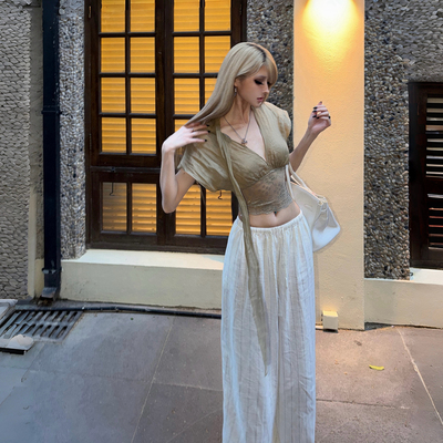 PrettyDragon老钱风透气亚麻休闲裤条纹阔腿裤拖地白色长裤女直筒