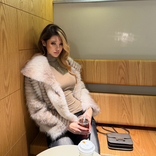 PrettyDragon千层渐变雪狐狸毛大翻领短款环保皮草皮毛一体上衣女