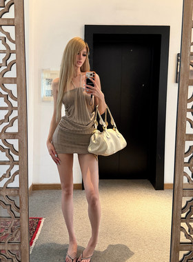 金丝编织修身遮肚子挂脖连衣裙女