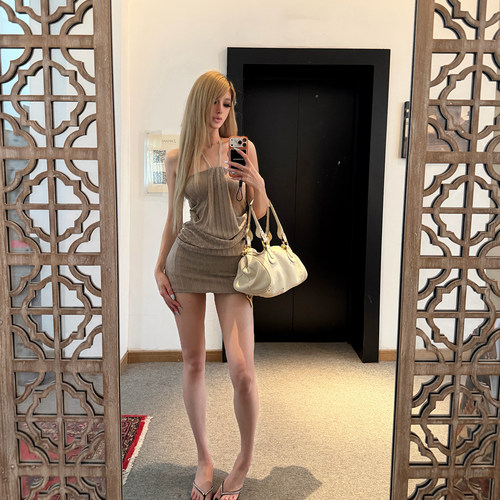 金丝编织修身遮肚子挂脖连衣裙女