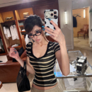 PrettyDragon百搭休闲深u领复古条纹微透高弹修身短袖T恤上衣女夏