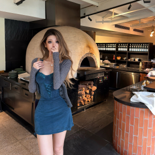 PrettyDragon蕾丝拼接自带胸垫光泽感醋酸连衣裙性感短裙女生日裙