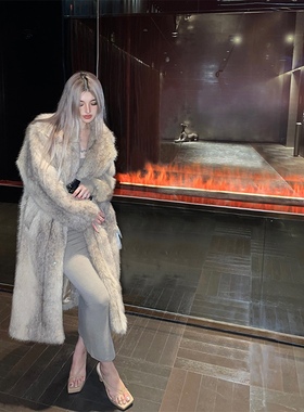 PrettyDragon 冬季斯拉夫貉子毛大衣长款毛毛外套收腰环保皮草女