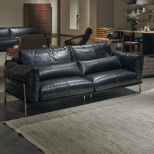 如恩 哈默沙发黑色中古风油蜡皮包豪斯复古三人位直排皮沙发CB288