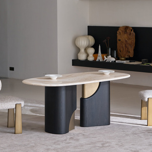 TD2422 奶油风长餐桌 如恩 中古风餐台天然洞石大理石餐桌小众法式