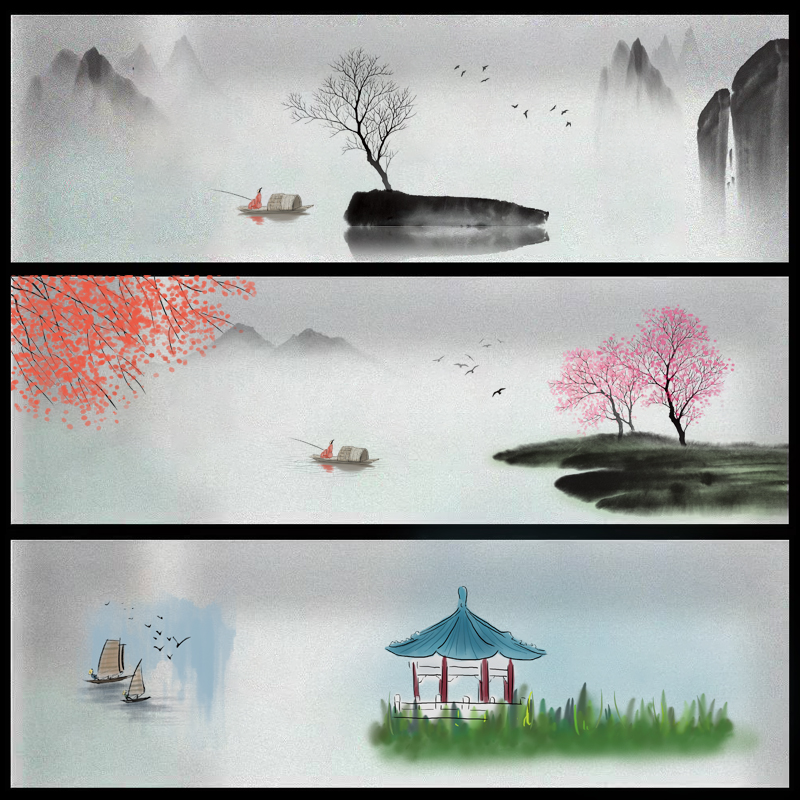 横向窗户山水画玻璃贴纸防走光