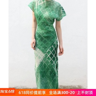 扶柳裙连衣裙新中式 WINNI CELH董洁同款 绿色格纹设计修身 改良旗袍