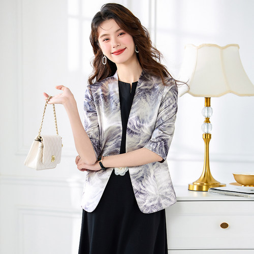 七分袖印花西服连衣裙