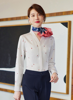 百搭V领白色印花衬衫制服衬衣上衣销售OL服务员前台工作服职业装