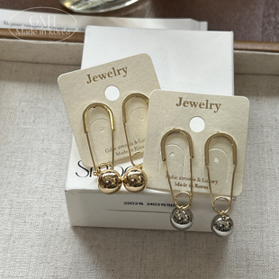 韩国东大门饰品曲别针几何球耳环小众高级设计感耳坠欧美气质耳饰