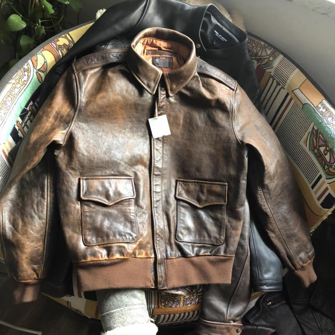 定制A2飞行员皮夹克 牛皮皮衣 美式复古擦色羊毛螺纹收口