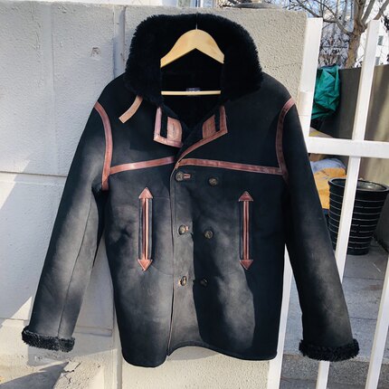 秋冬农场主复古哑光黑色皮毛一体皮外套大衣皮毛风衣舒服保暖定制