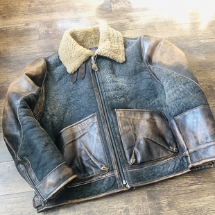 D3投弹手皮毛一体飞行服夹克皮衣 男冬季保暖翻领复古皮夹克外套