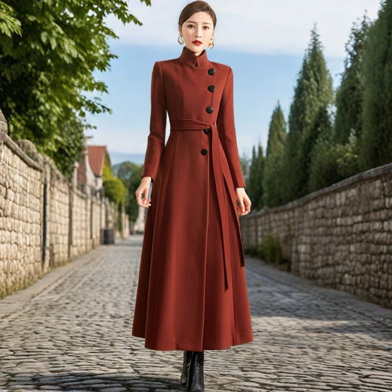 2025秋冬季新款加厚加棉修身显瘦过膝毛呢大衣女长款立领毛呢外套