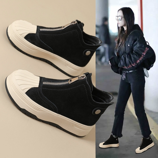 高帮鞋女2025新款冬季加绒百搭厚底真皮贝壳头板鞋平底休闲鞋短靴