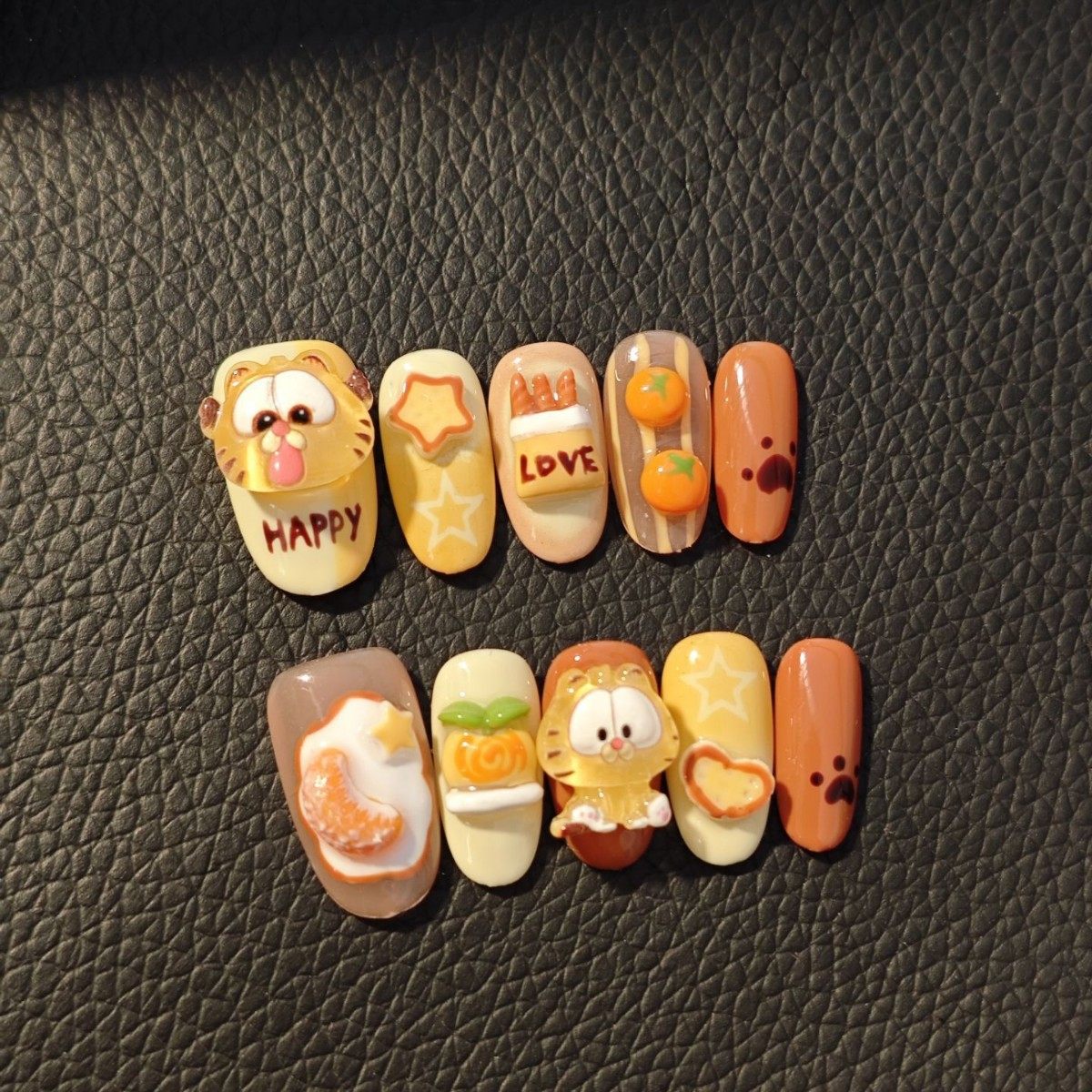 可爱卡通穿戴甲橙色系立体造型美甲贴片软糖加菲猫花装饰甲片