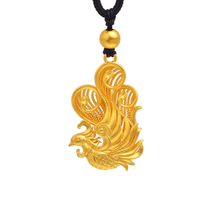 老庙足金999古法有凤来仪黑绳金珠挂坠吊坠花丝雍容华贵古典国风