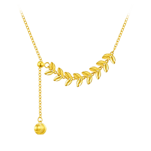 老庙黄金足金999金枝玉叶子5G项链Y字猫眼金珠流苏麦穗颈饰