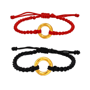 老庙黄金足金999事事金安红绳四方平安扣情侣闺蜜男女款官方旗舰