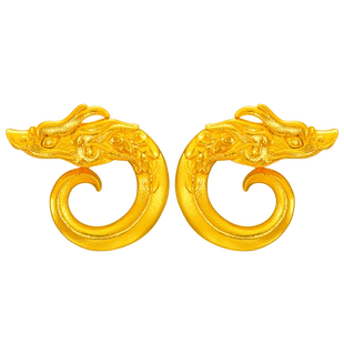 老庙黄金鸿运升升古法黄金佳偶龙头纹足金耳钉小双龙百搭新年开运