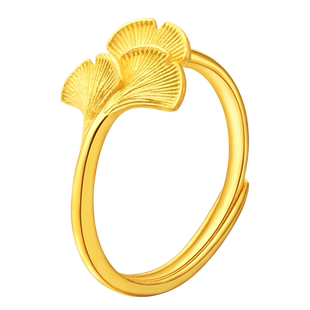 老庙黄金足金银杏叶活口戒指三生有幸结婚三金求婚女款多退少补正