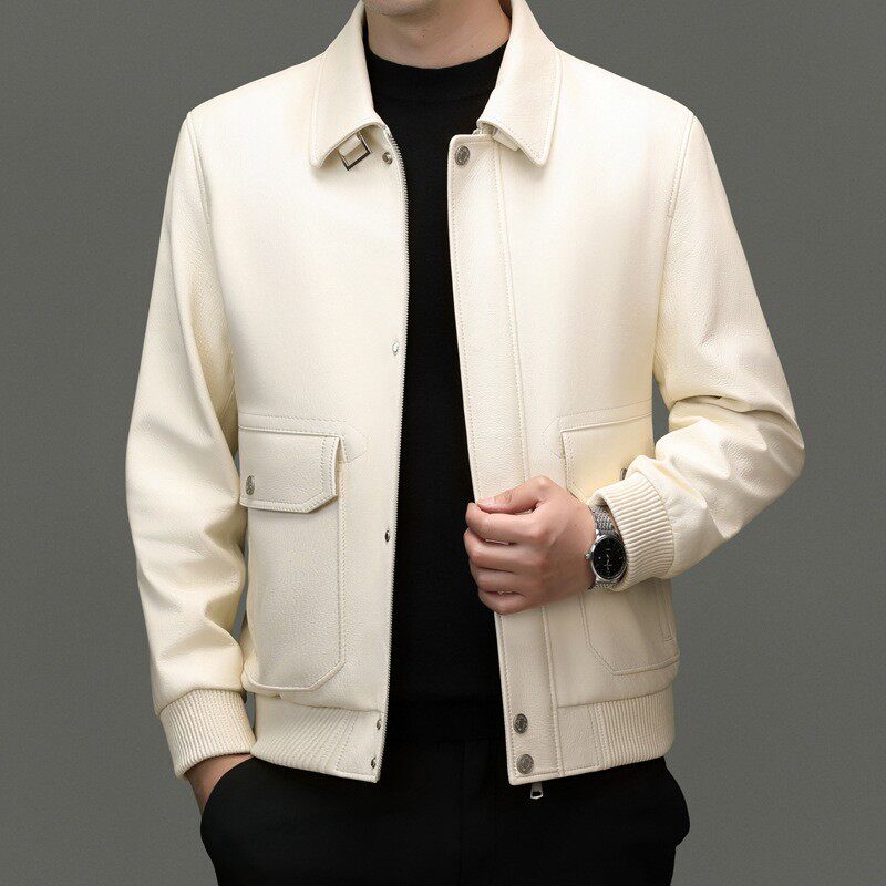 男皮夹克真皮春秋款原生态头层山羊皮商务休闲米白色百搭短款翻领
