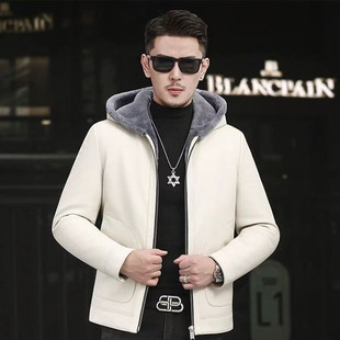 海宁新款羊皮毛一体真皮男皮衣连帽绵羊皮冬装羊羔毛加绒加厚外套