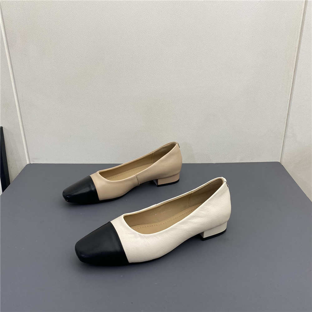 头层牛皮方头低跟舒适日常单鞋