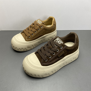 品牌撤柜真皮女鞋2025新款冬季牛反绒系带圆头松糕底软底休闲鞋女