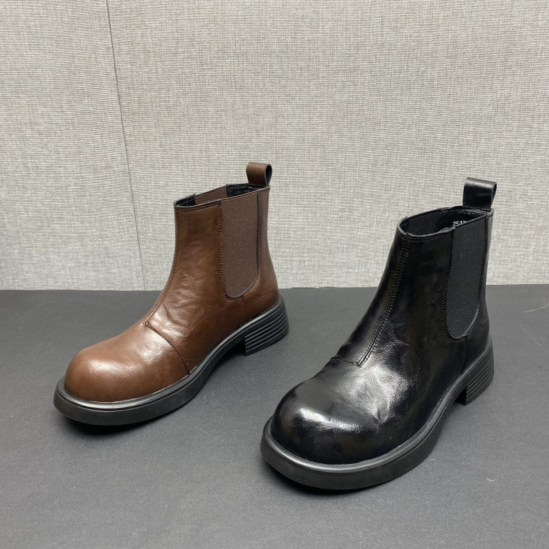 品牌断码真皮靴子女2025新款秋冬款牛皮圆头低跟粗跟百搭切尔西靴,女鞋,切尔西靴,淘宝优惠券,粉丝福利购,淘宝优惠卷
