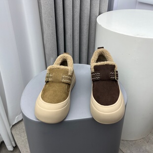 品牌撤柜真皮女鞋2025新款冬季牛反绒圆头松糕底厚底保暖休闲鞋女