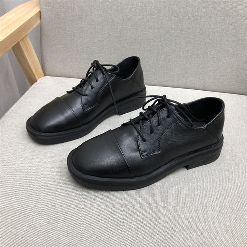 头层牛皮系带深口低跟显瘦女鞋