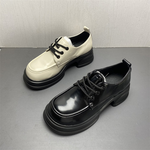 秋季 2024新款 时尚 小皮鞋 女 断码 系带圆头中跟厚底单鞋 撤柜真皮女鞋