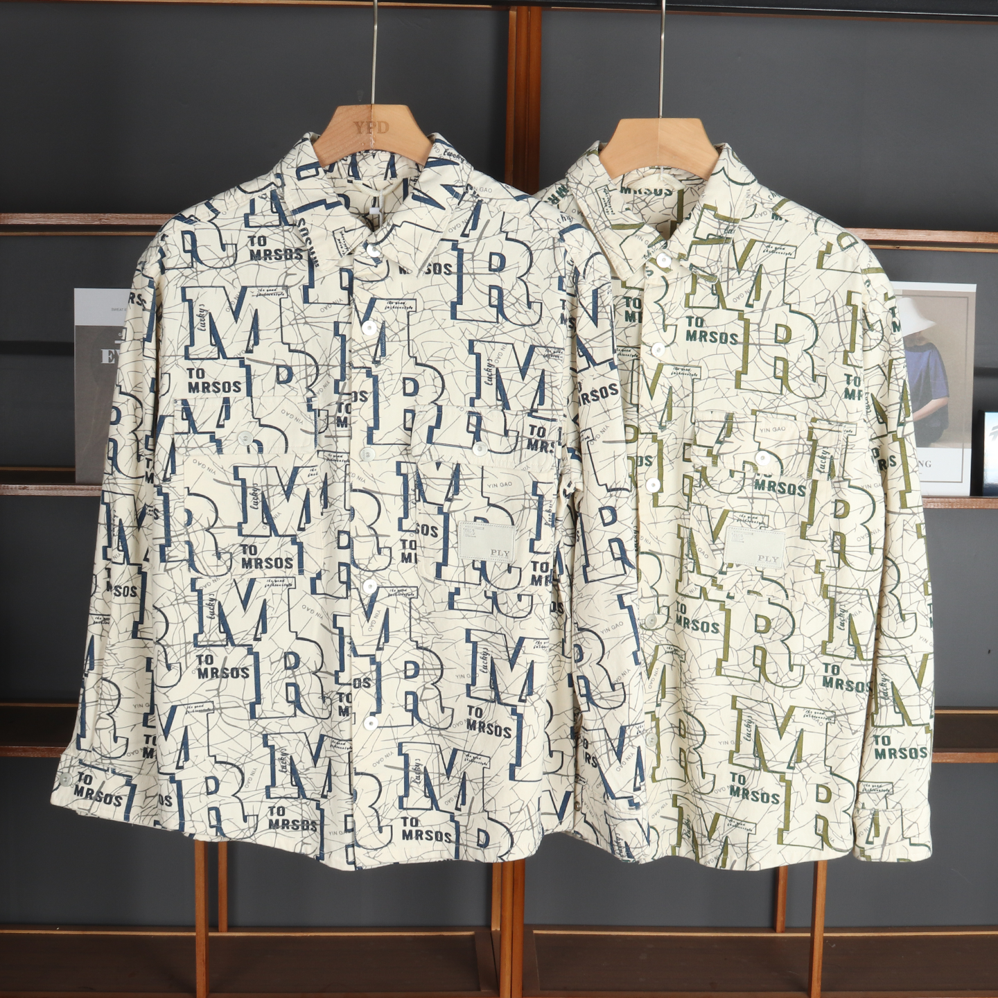 潮牌字母印花宽松纯棉牛仔衬衫男