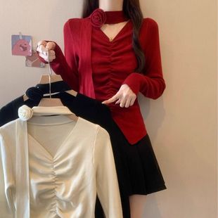 打底衫 2025新款 辣妹性感立体花朵飘带挂脖红色V领针织T恤秋冬时尚